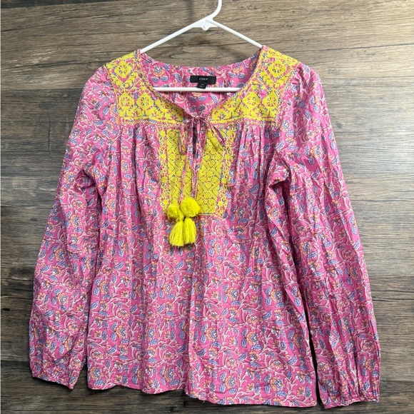 J. Crew Tops - J. Crew Pink and Yellow Blouse with Flutter Sleeves and Tie Front